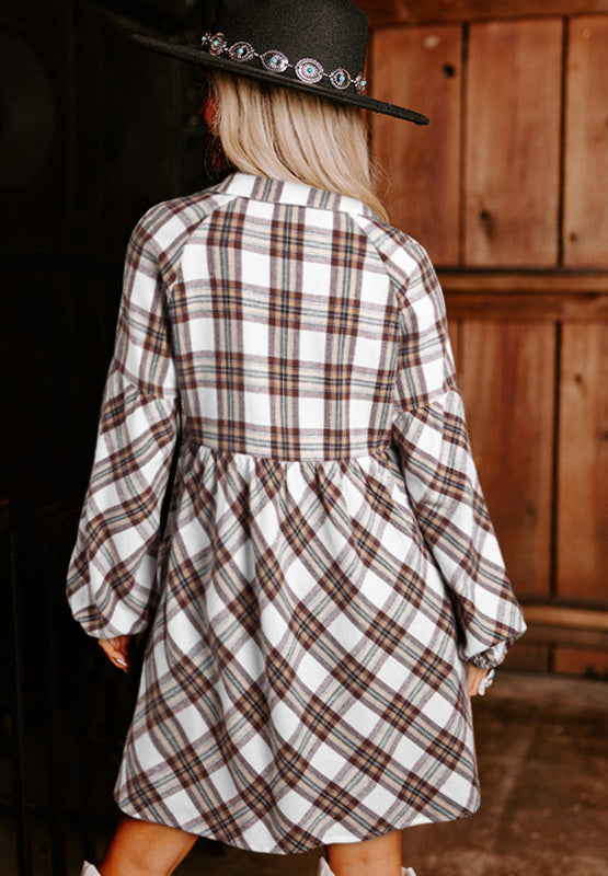 Jessica Plaid Balloon Sleeve Mini Shirt Dress